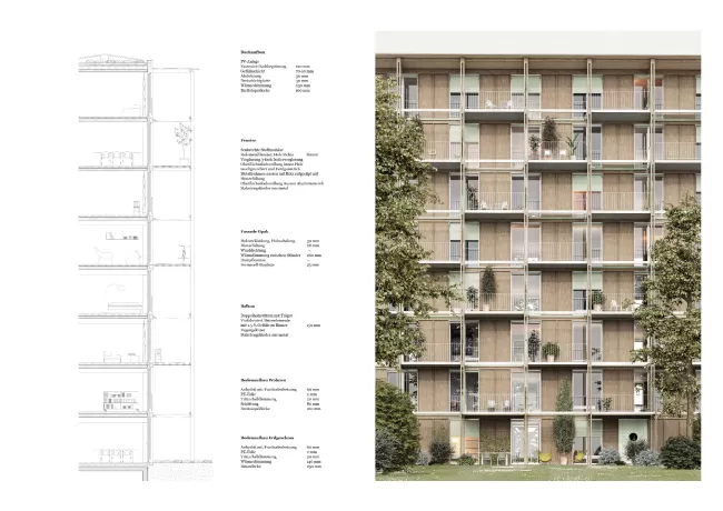 Die Neubauten werden alle als effiziente und modulare Holzbauten entwickelt.
Plan: Fassadenschnitt und Fassadenansicht Neubau