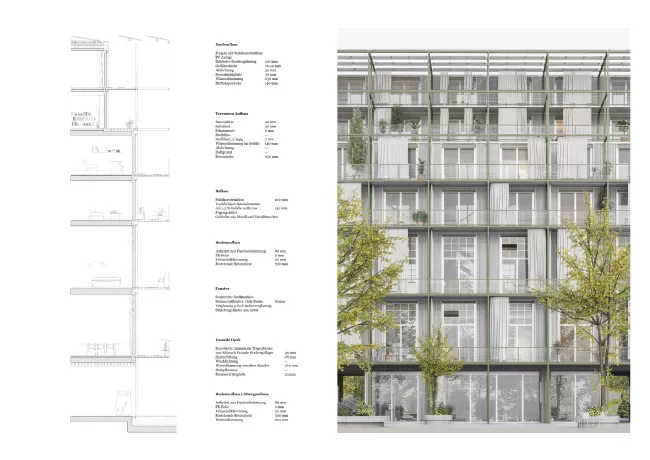 Beim bestehenden Produktionsgebäude bleibt ein Teil des Bestandes erhalten. Die vier bestehenden Geschosse werden mit zwei Geschossen in Holzbauweise aufgestockt. Materialien aus dem Hochregallager werden für die Fassade wiederverwendet.
Plan: Fassadenschnitt und Fassadenansicht Produktionsgebäude
