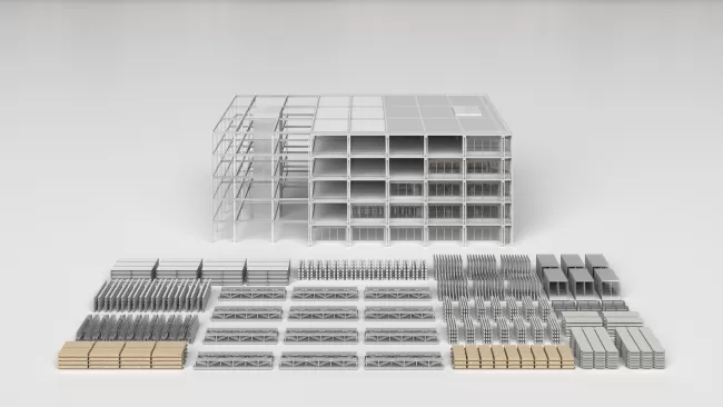 Diagram, Design for Disassembly; Material and construction are developed as a resource strategy: prefabrication, hybrid systems, reduced CO₂ emissions through recycled aggregates and low-energy cement mixes, and design for disassembly.