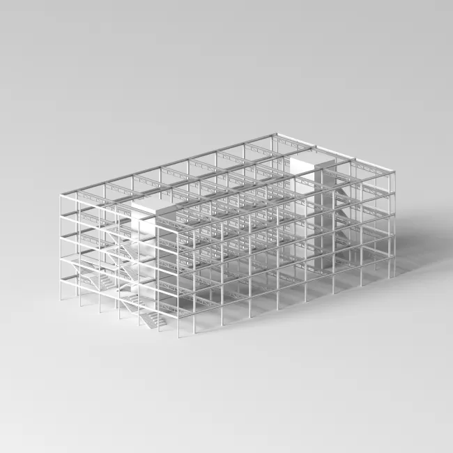 Structural Model; A wide-span hybrid structural skeleton establishes the project's spatial and technical framework.
