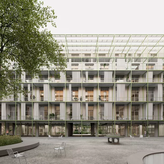Ansicht Produktionsgebäude, im Erdgeschoss der Collective Living Room, Bild: studio blomen