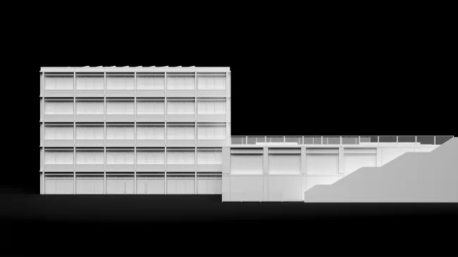 Ansicht Nord; Neubau Schulhaus, Turnhalle, Verbindungstreppe