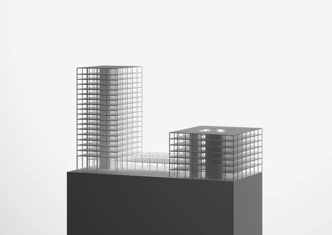 Strukturmodel Die Gebäudestruktur besteht aus einem Stahlbetonskelettbau. Beim Hochhaus sowie auch beim Gewerbehaus sind sind die Stützen so angeordnet, dass effiziente Spannweiten entstehen (Gewerbehaus bis zu 9.4m). Die Aussteifung des Gebäudes erfolgt