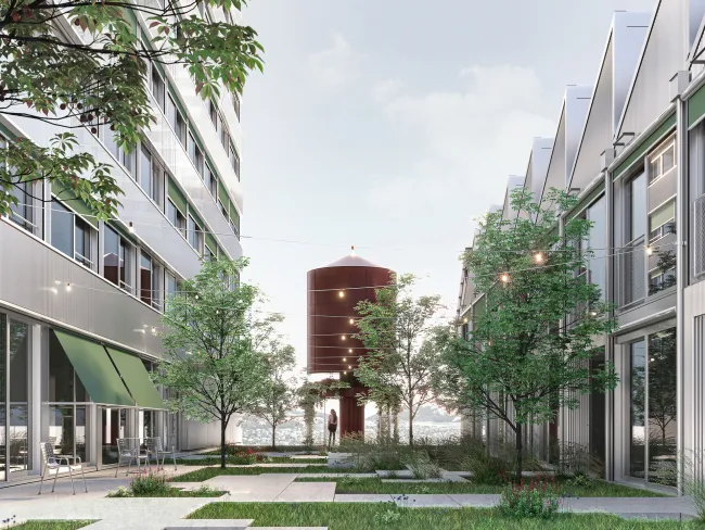 Terrasse Baufeld 6; links Wohnturm, rechts Townhouses