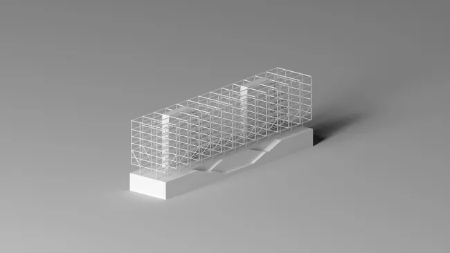 Strukturmodell
Das Gebäude ist ein Hybridbau mit Slim-Floor-Decken und Ortbetonkernen. Es wird tief gegründet. Die Konstruktion reduziert den CO₂-Verbrauch des Baukörpers im Vergleich um rund 50 %., Bild: E2A