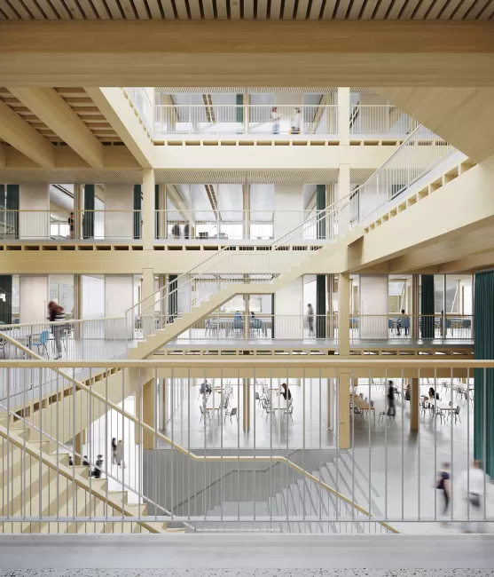 Blick auf die Lernlandschaft; Zweigeschossige Lernbrücken verbinden die flexibel unterteilbaren Unterrichtsräume zu einer vernetzten Lernlandschaft, Bild: ethandeclerk