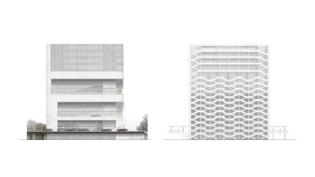 v.l.n.r. Fassade Süd, Fassade Nord