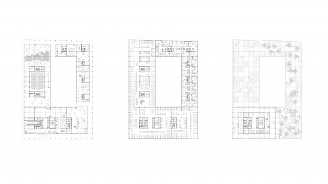 from left to right: Plan Ground Floor, Plan 6th Floor, Plan 8th Floor