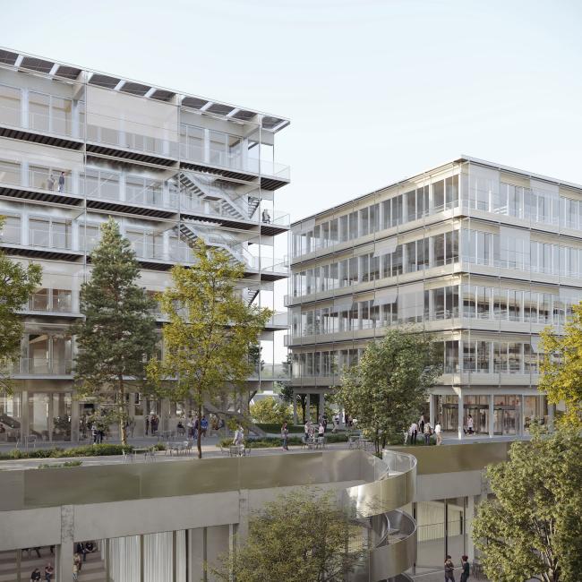 Blick vom Gartenhof 
rechts: Portalgebäude Y10
links: Laborbau, E2A / Nickl & Partner, Bild: ArtefactoryLab