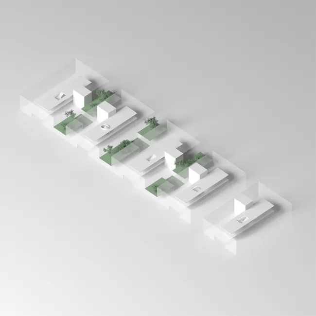 Das Schulhaus: Sockelbau mit zweigeschossigen Hochpunkten 
Das Schulhaus unterscheidet typologisch den Sockelbau und die Obergeschosse. Im Sockelgeschoss sind alle Räume für den naturwissenschaftlichen und den gestalterischen Unterricht untergebracht. In den Obergeschossen befinden sich die einzelnen Lerncluster der allgemeinen Unterrichtsräume.