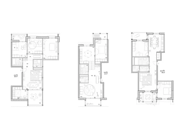 Grundriss Wohnungstypen v.l.n.r.:
Lärm-Typ, Splitlevel-Typ, Zweiseiten-Typ