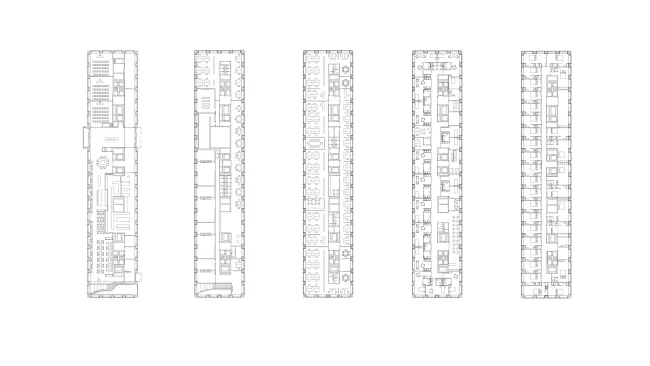 Floor plans, from left to right: Ground floor (Conference Center, Restaurant), 1st floor (Offices, Daycare, Restaurant Staff), 4th floor (Office floor), 7th floor (Palliativ Care Facility), 9th floor (Hotel).