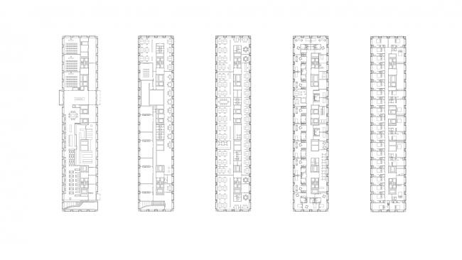 Floor plans, from left to right: Ground floor (Conference Center, Restaurant), 1st floor (Offices, Daycare, Restaurant Staff), 4th floor (Office floor), 7th floor (Palliativ Care Facility), 9th floor (Hotel).