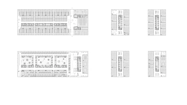 Grundrisse v.l.n.r.: Erdgeschoss, 4. OG, 6. OG, 1. Obergeschoss, 3. OG, 5. OG