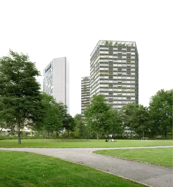 Blick aus dem Christoph-Merian-Park auf das Lindenhofareal, Bild: Olivier Campagne