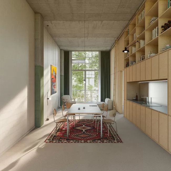 Blick von einer Loft-Wohnung im Produktionsgebäud, Bild: E2A