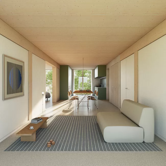Blick in den durchgehenden Wohnraum, Bild: E2A